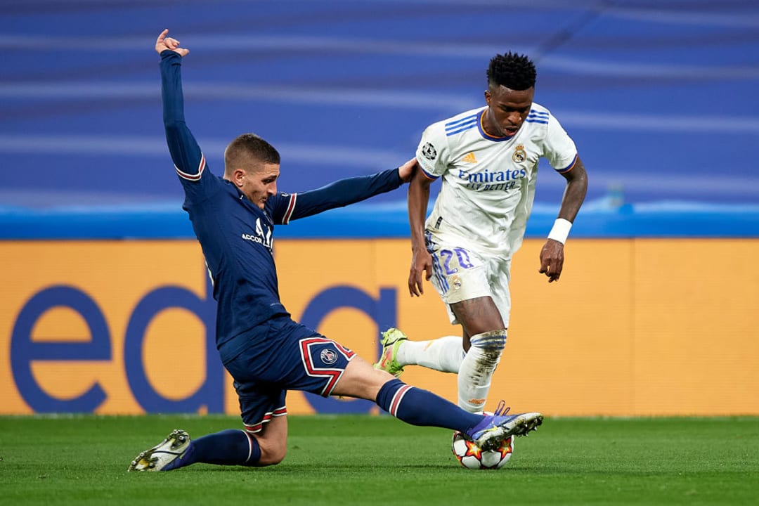 Vinicius Jr vs verrati.Photo credit: Quality Sport Images/GettyImages